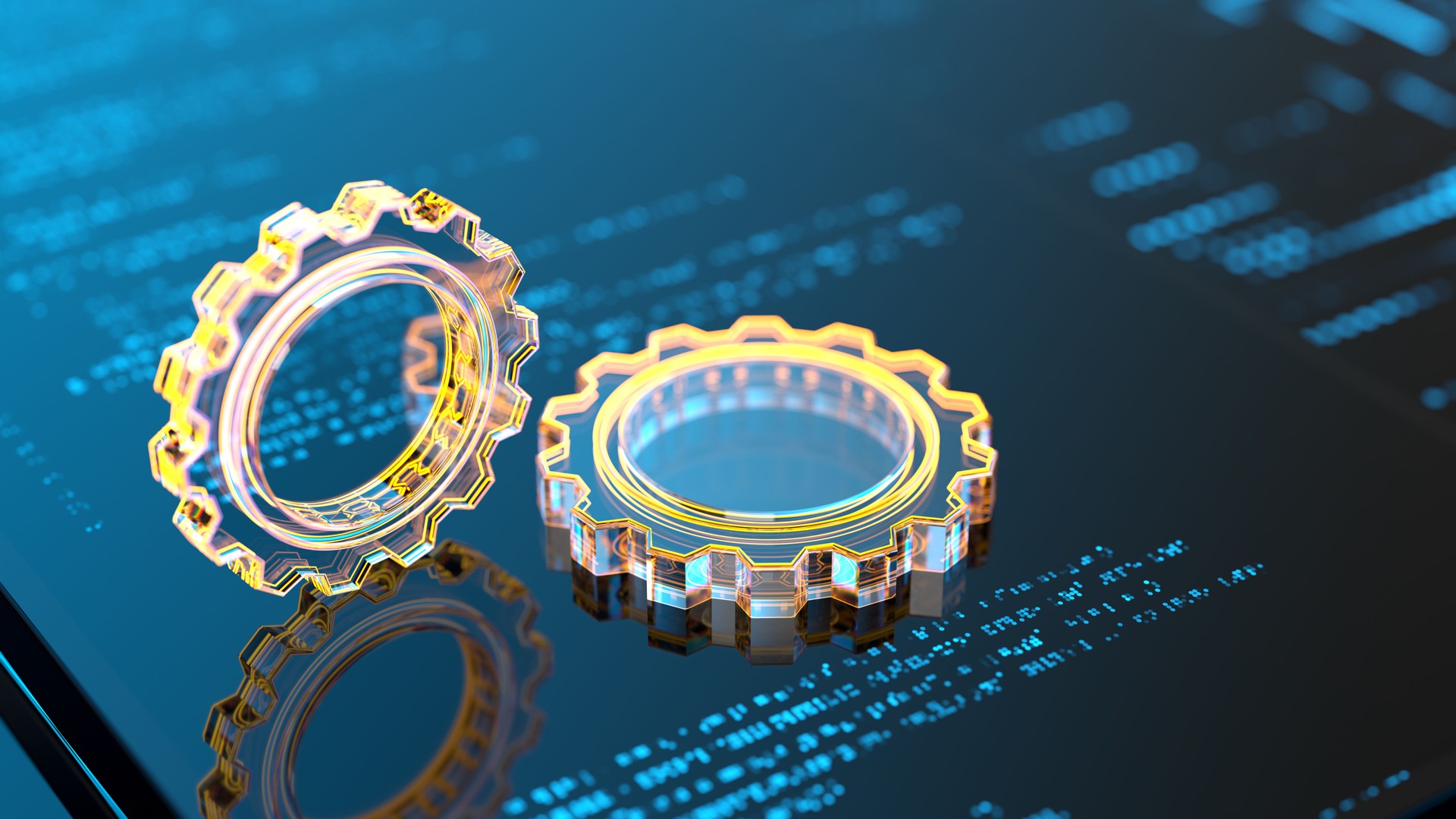 Software development. Technology and innovation. Gears on smartphone screen