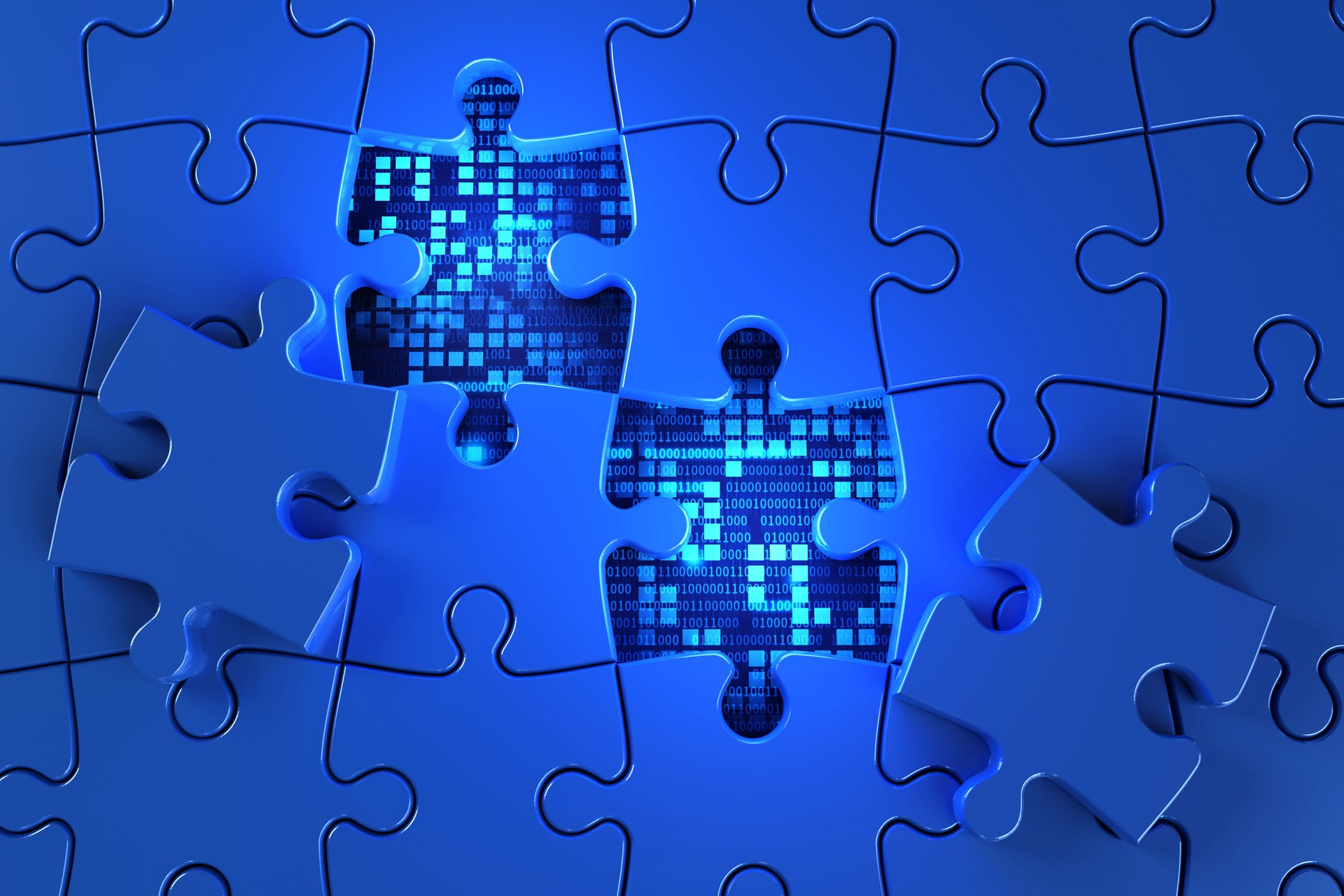 Blue jigsaw puzzle from the panel shows a background of tech code numbers.